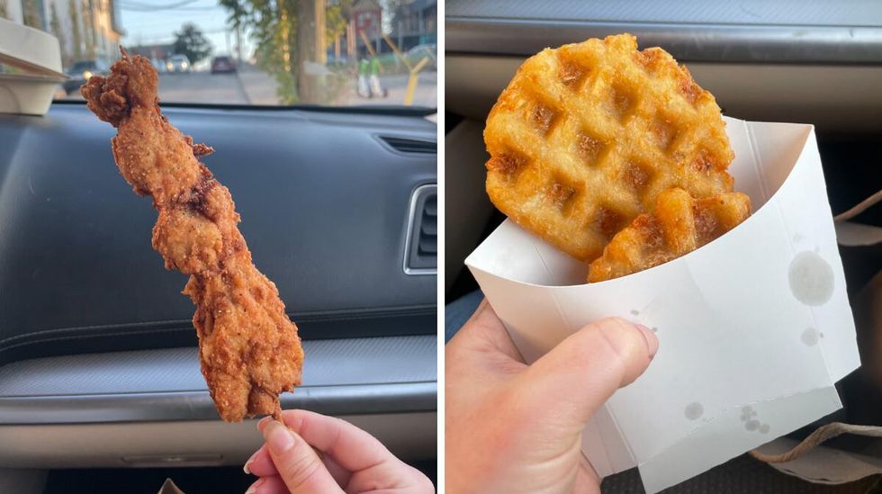 \u200bA "Joystick" from Joyland. Right: A waffle hashbrown from Joyland.