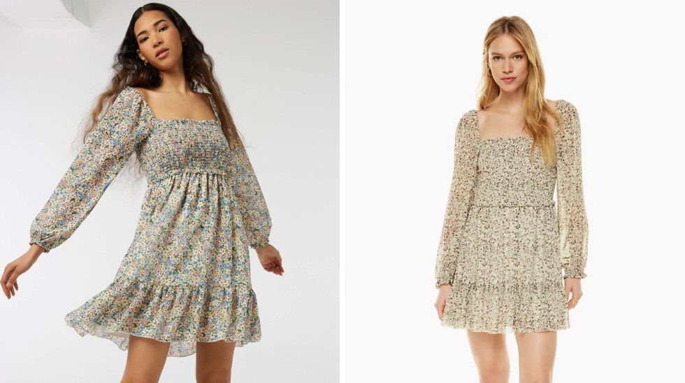 \u200bA long sleeve smocked dress from Ardene. Right: A long sleeve smocked dress from Aritzia.