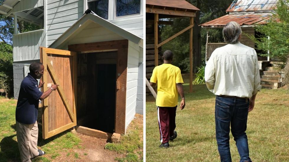 \u200bA man pointing into a historic building. Right: A man on a walking tour.