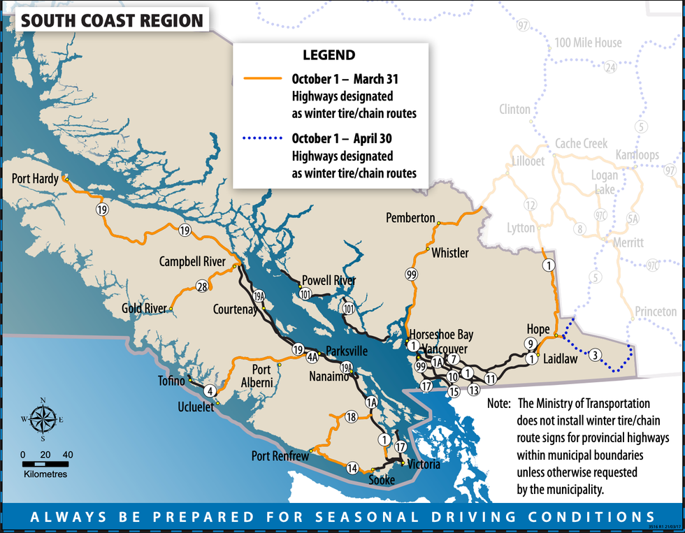 \u200bA map of winter tire roads in B.C.'s South Coast.