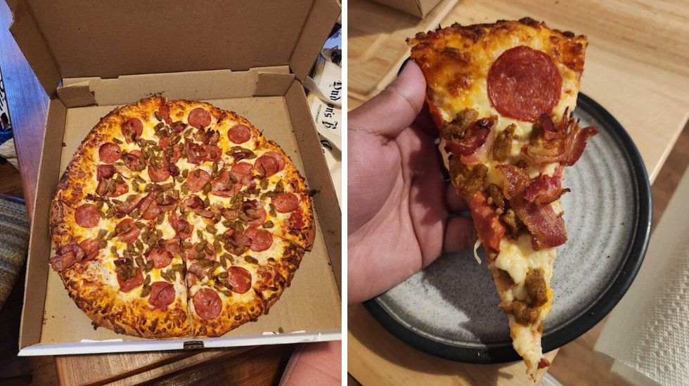 \u200bA Meat Lovers pizza from Metro that costs $14.99. Right: Sarah holding a slice of pizza from Metro.