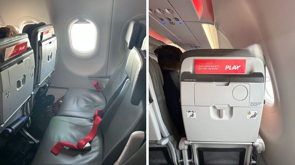 \u200bA row of seats on the Play flight. Right: The back of a seat on the flight.