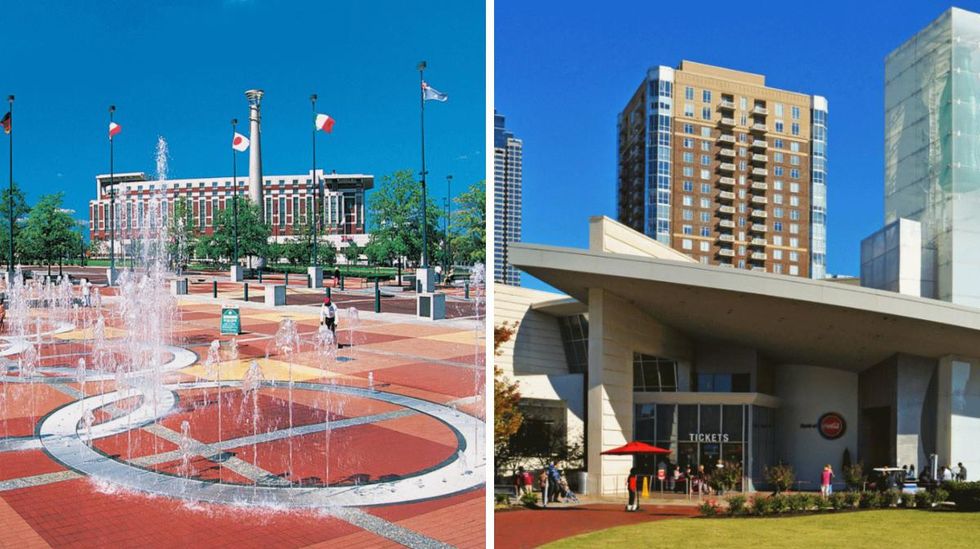 \u200bA splash pad in \u200bDowntown Atlanta, Right: The World of Coca-Cola building.