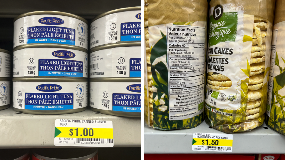 \u200bA stack of canned tuna fish. Right: Bags of corn cakes.