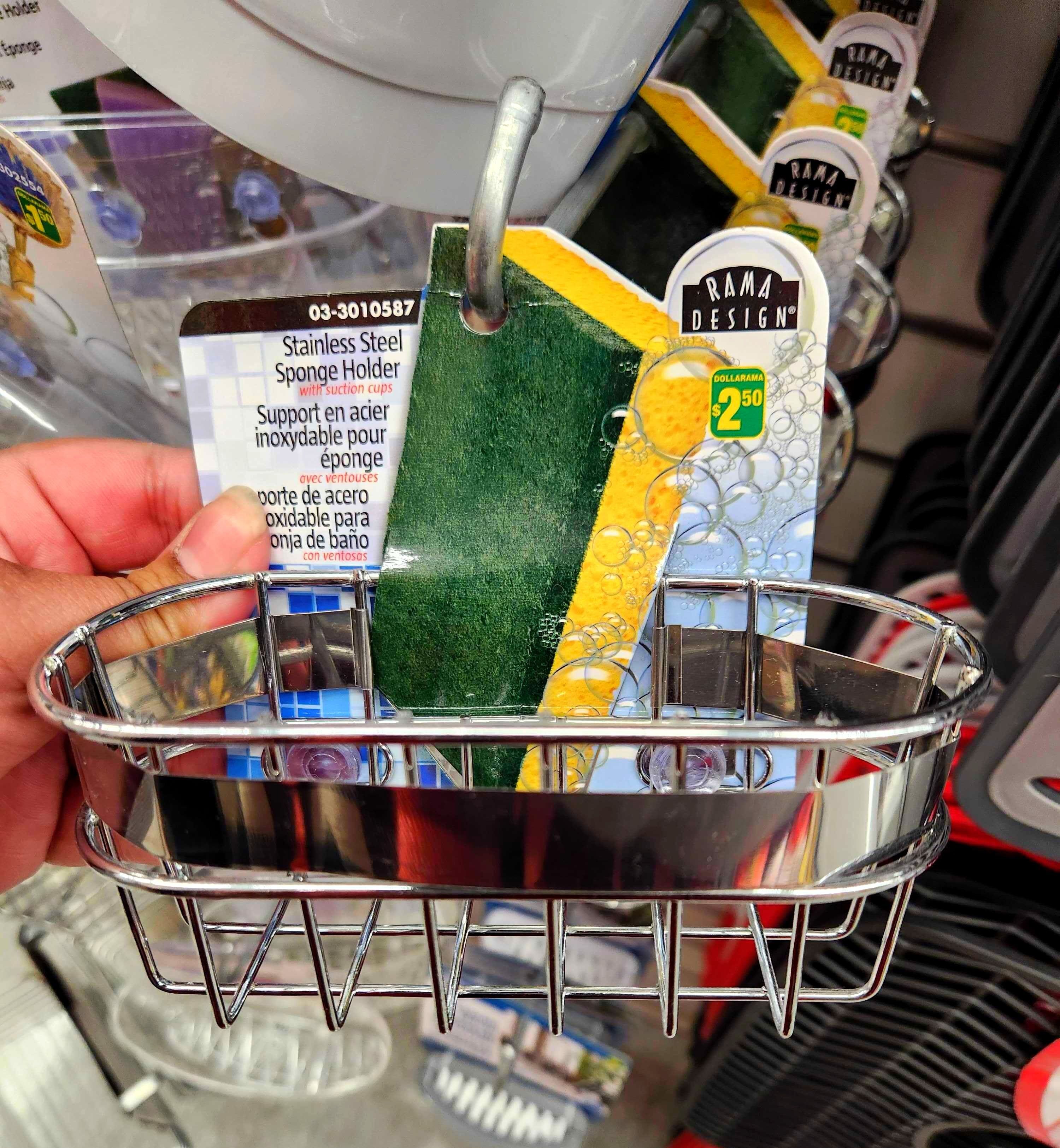 \u200bA stainless steel sponge holder from Dollarama.