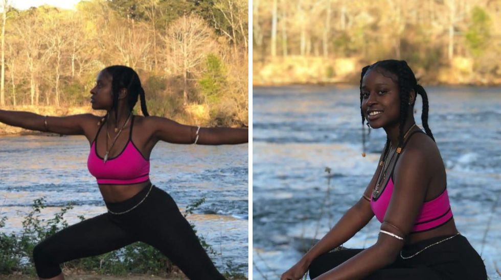 \u200bA woman by the river in yoga poses. Right: A woman looking at the camera sitting down.
