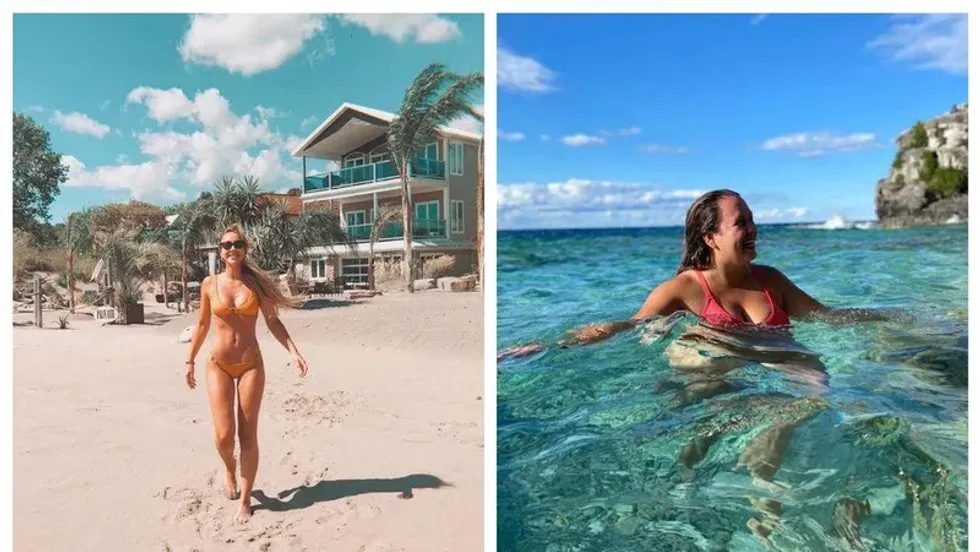 \u200bA woman in a bikini walking on a beach. Right: A woman swimming in turquoise waters.
