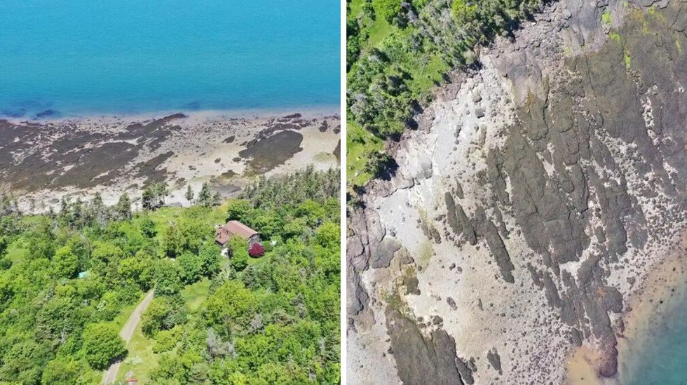 \u200bAerial view of a house for sale in Nova Scotia and the shoreline.