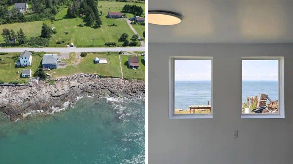 \u200bAerial view of a house for sale on the water. Right: Bay of Fundy through windows in the home.