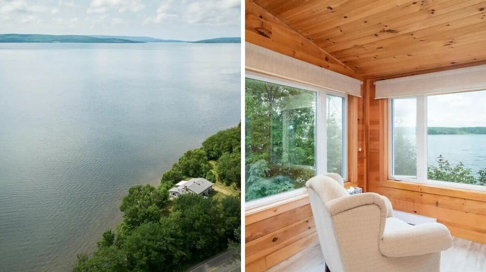 \u200bAerial view of a house in Nova Scotia on a lake. Right: Room in the house with water views.