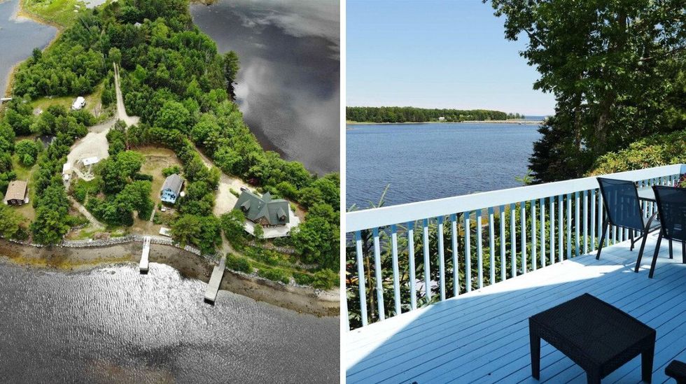 \u200bAerial view of a waterfront house for sale. Right: View of the ocean from the deck.