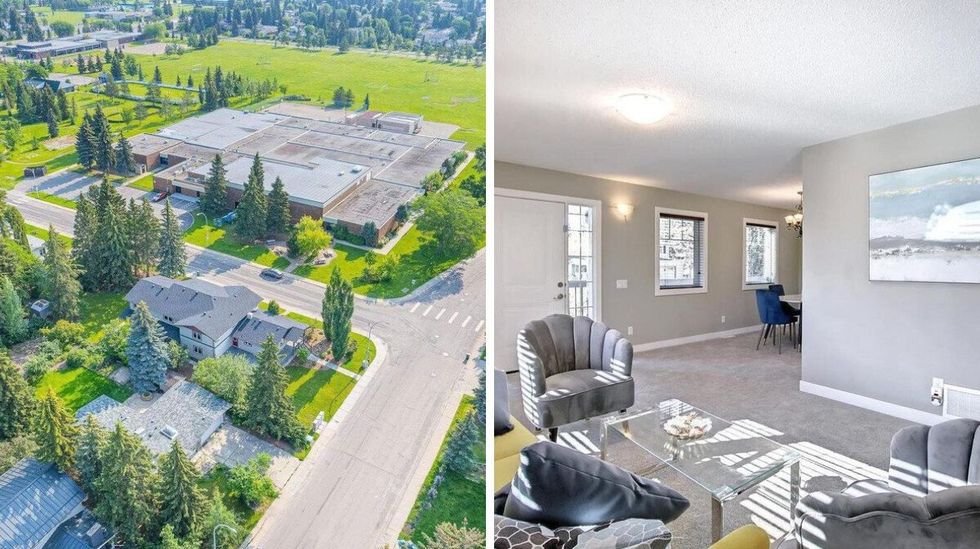 \u200bAerial view of the house for sale in Edmonton. Right: Living room and dining room.
