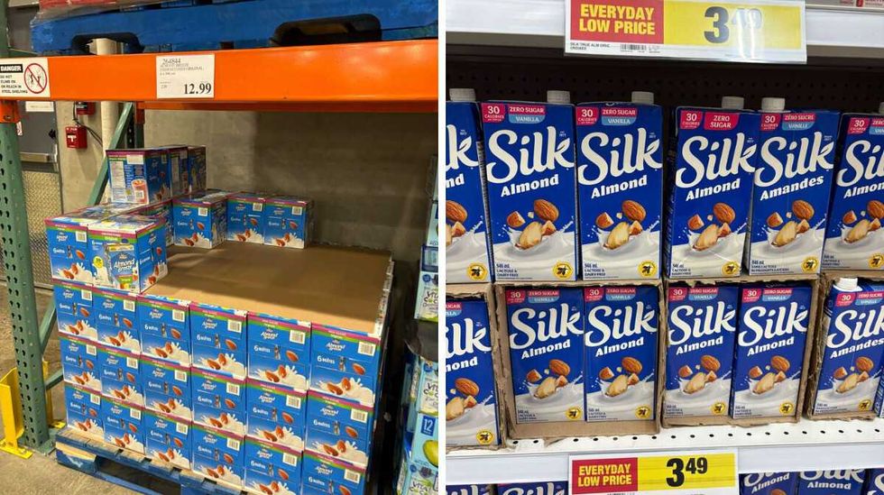 \u200bAlmond Breeze almond beverage at Costco. Right: Silk almond beverage at Loblaws.