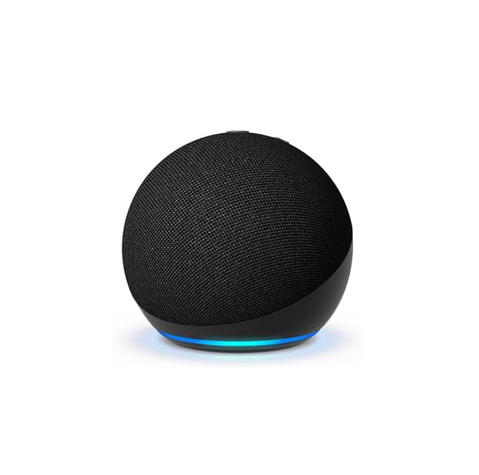 \u200bAmazon Echo Dot avec sa lumi\u00e8re bleue royal et cyan allum\u00e9e.