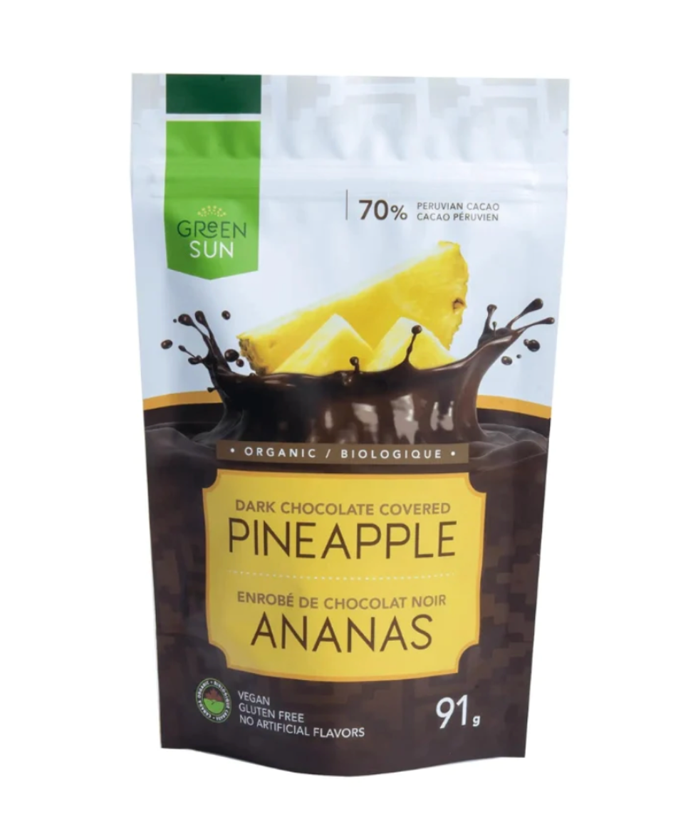 \u200bAnanas enrob\u00e9s de chocolat noir de marque Green Sun.