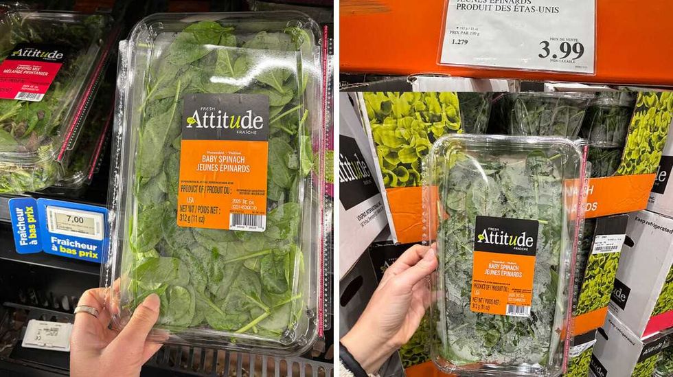 \u200bBac de jeunes \u00e9pinards Attitude en vente au Maxi. Droite : Bac de jeunes \u00e9pinards Attitude en vente au Costco.
