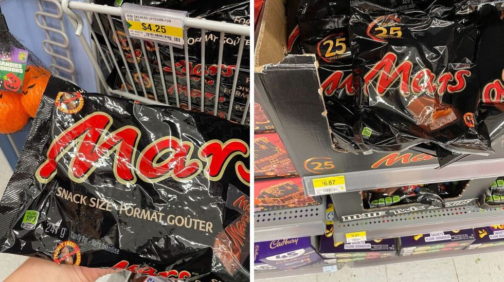 \u200bBag of Mars bars at Dollarama. Right: Mini Mars bars at Walmart.