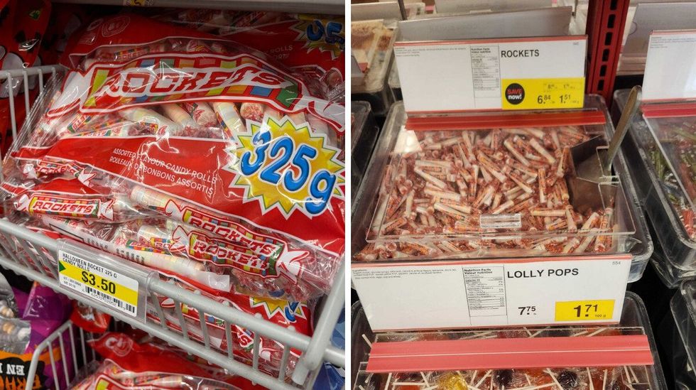 \u200bBag of Rockets at Dollarama. Right: Rockets at Bulk Barn.