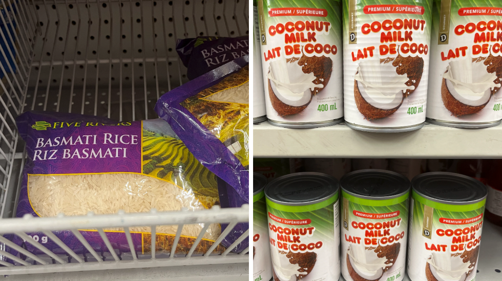 \u200bBags of basmati rice. Right: A shelf of canned coconut milk.