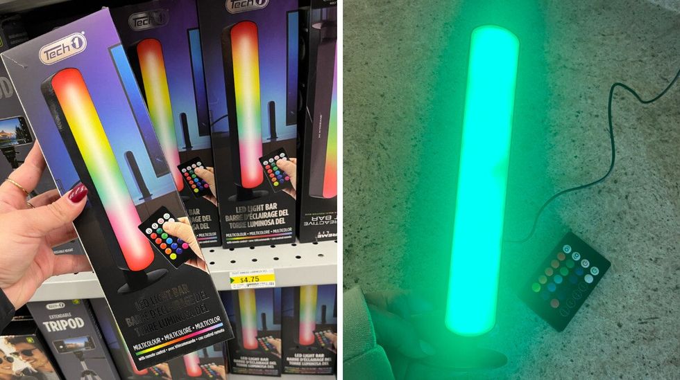 \u200bBarre d'\u00e9clairage DEL devant l'\u00e9tag\u00e8re au Dollarama. Droite : Barre d'\u00e9clairage DEL allum\u00e9e en vert et sa t\u00e9l\u00e9commande.