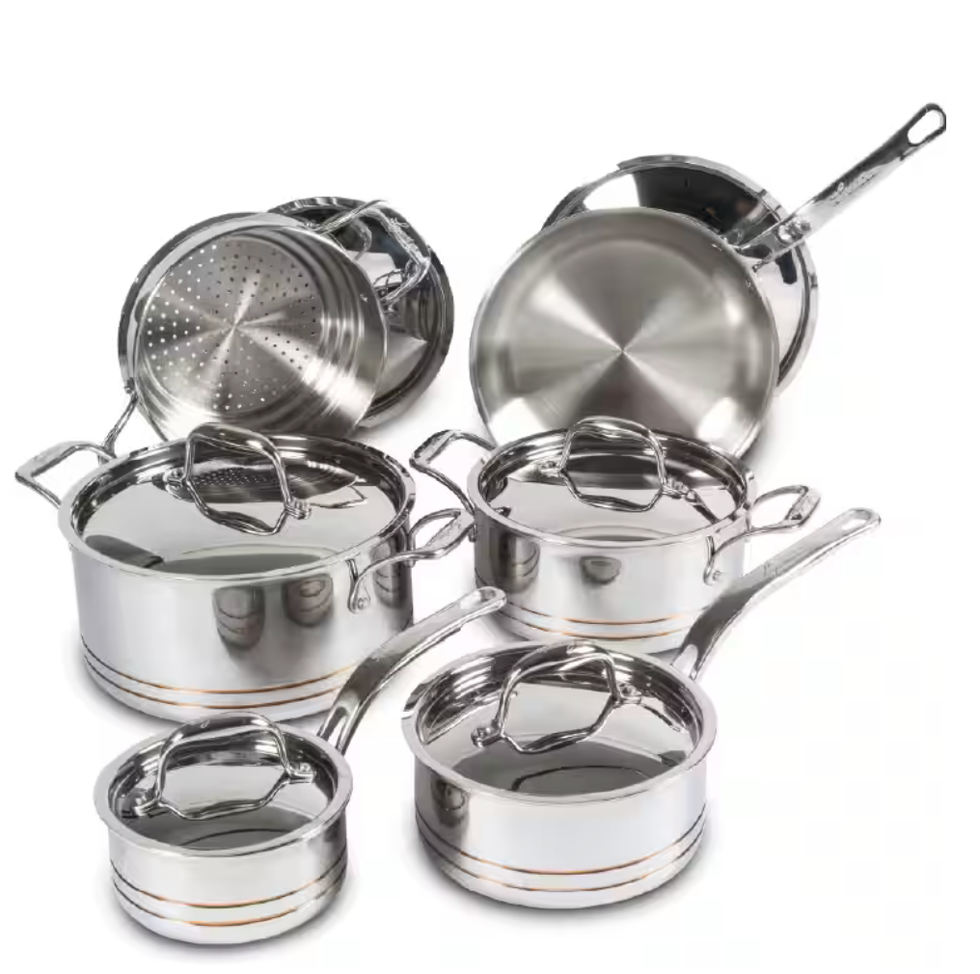 \u200bBatterie de cuisine Lagostina en acier inoxydable rev\u00eatu de cuivre 5 \u00e9paisseurs.