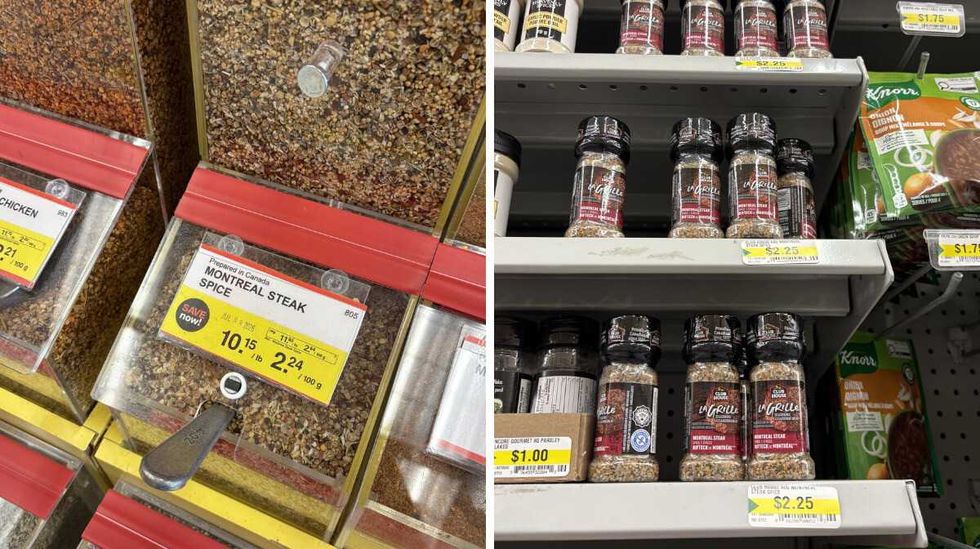 \u200bbin of Montreal steak spice \u200bat Bulk Barn. Right: jars of Club House Montreal steak spice at Dollarama.