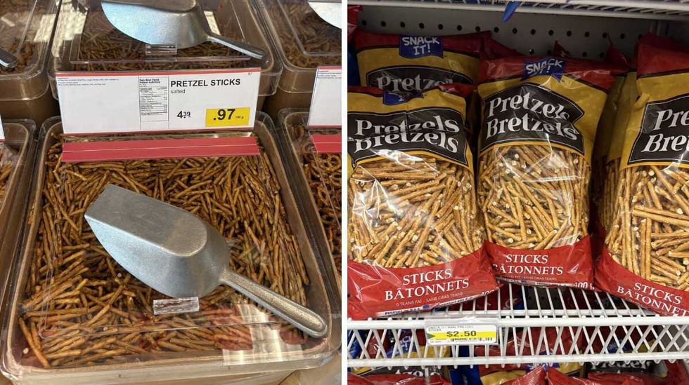 \u200bbin of Pretzel sticks \u200bat Bulk Barn. Right: bags of Pretzel sticks at Dollarama.