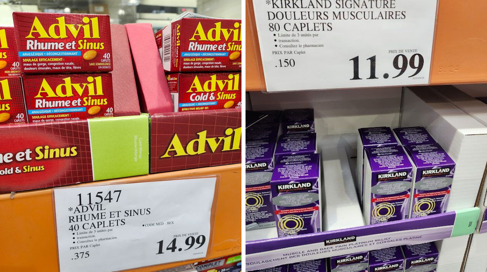 \u200bBo\u00eetes de Advil Rhume et sinus | Droite : Relaxant musculaire Kirkland.