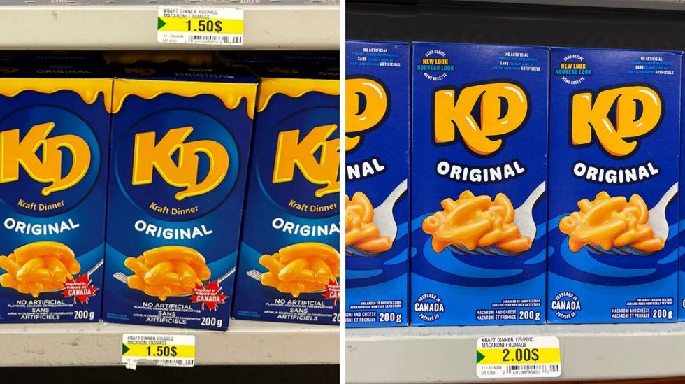 \u200bBo\u00eetes de Kraft Dinner \u00e0 1,50 $. Droite : \u200bBo\u00eetes de Kraft Dinner \u00e0 2 $.