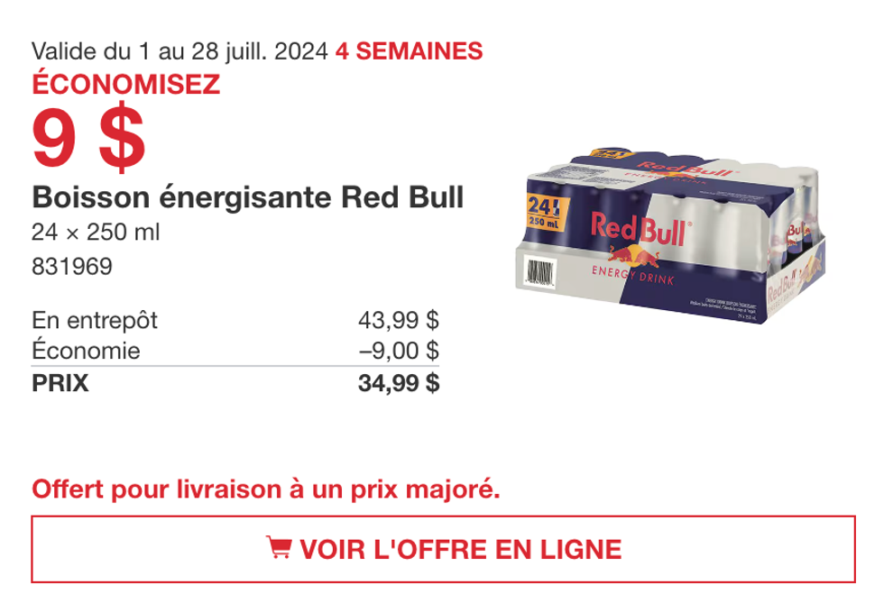 \u200bBoissons \u00e9nergisantes de Red Bull en rabais au Costco.