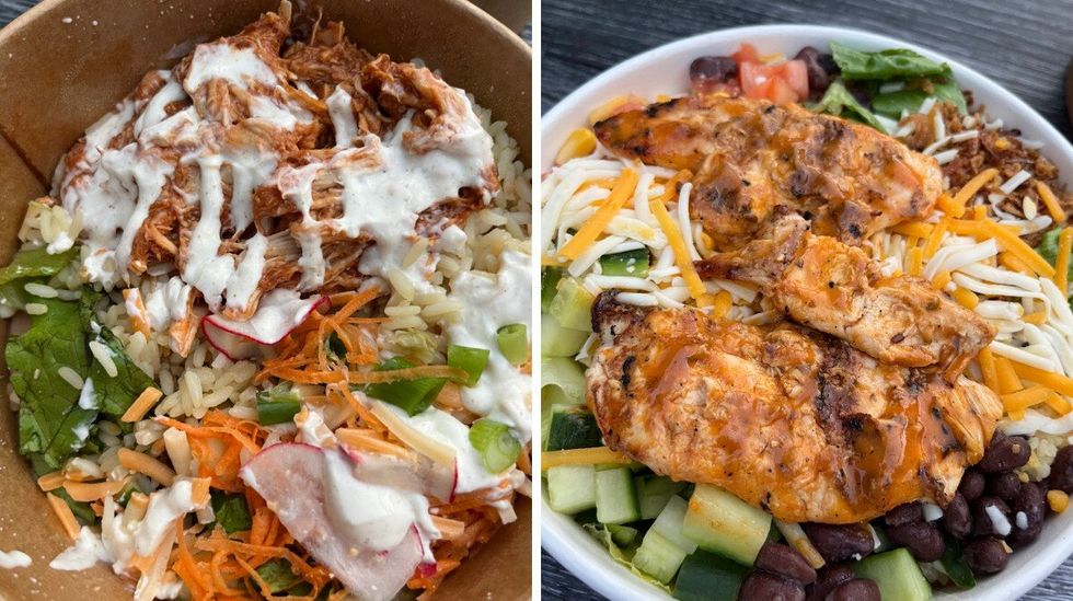 \u200bBol St-Hubert \u00e0 gauche et bol Poulet Rouge \u00e0 droite.