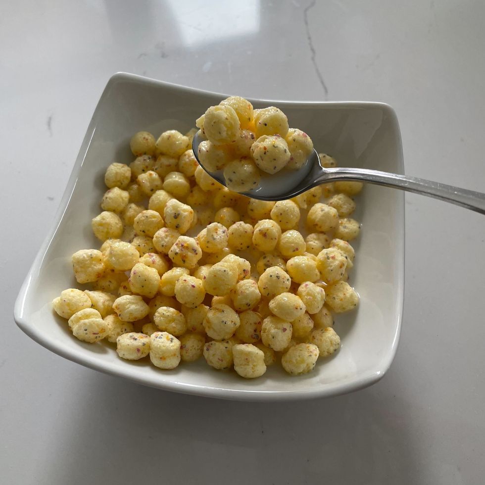 \u200bBowl of Tim Hortons Birthday Cake Timbits Cereal.