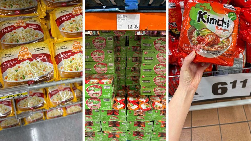 \u200bBowlfull instant noodles at Dollarama. Centre: Nongshim instant noodles at Costco. Right: Nongshim instant noodles at Loblaws.