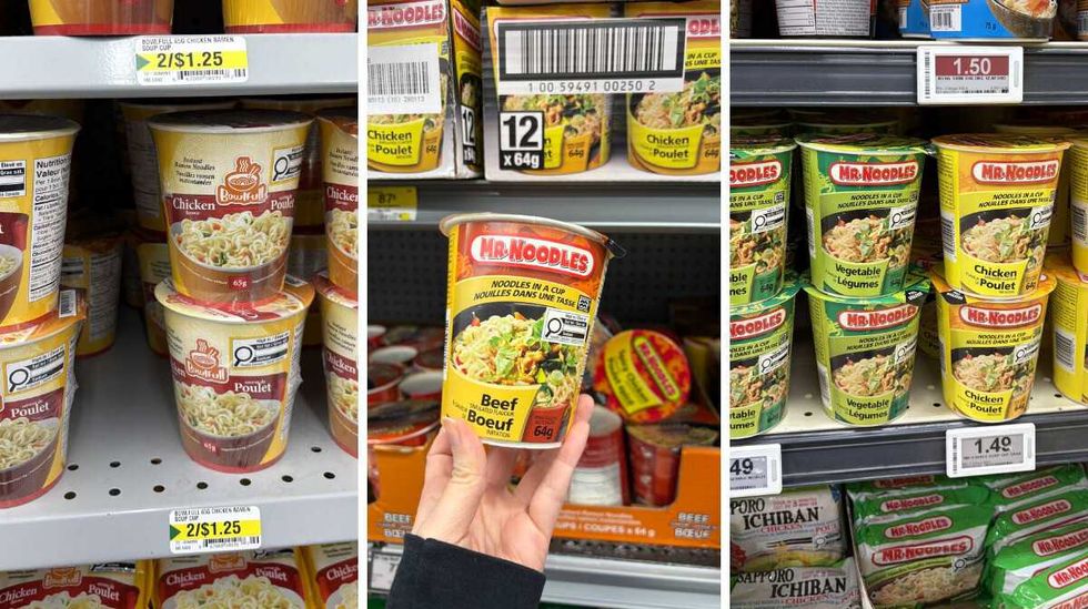 \u200bBowlfull instant noodles at Dollarama. Centre: person holding Mr. Noodles instant noodles at Walmart. Right: Mr. Noodles instant noodles at Loblaws.