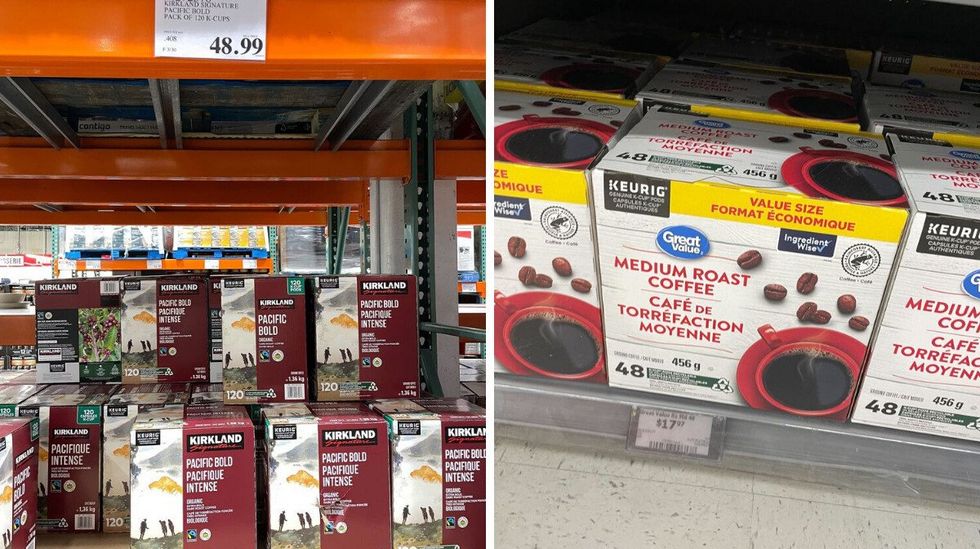 \u200bboxes of Kirkland Signature coffee K-Cup pods at Costco. Right: boxes of Great Value coffee K-Cup pods at Walmart