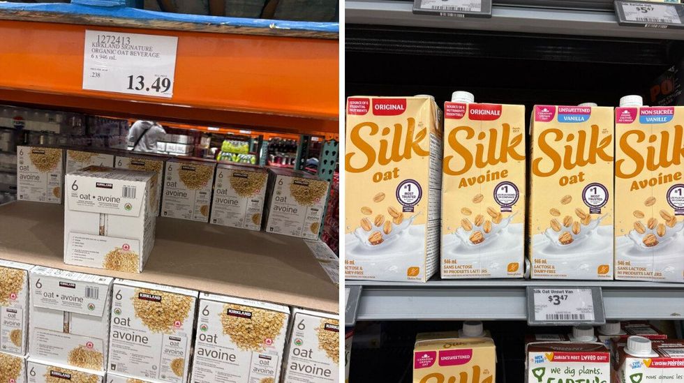 \u200bboxes of Kirkland Signature oat beverage. Right: bottles of Silk oat beverage.