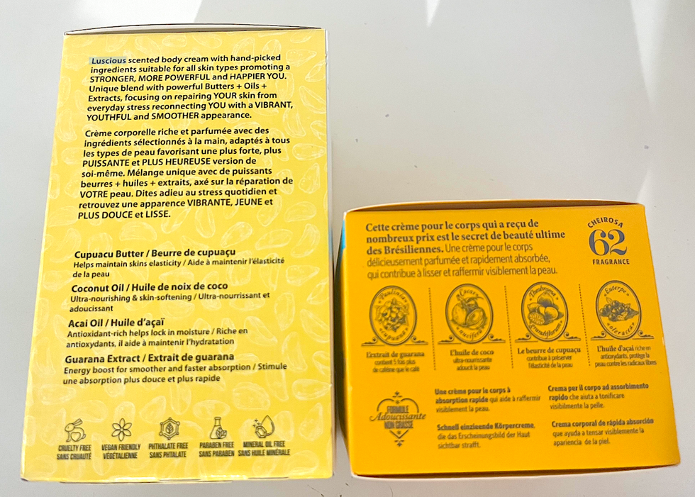 \u200bBrazilian Body Butter Cream de Nutrius \u00e0 gauche, et Brazilian Bum Bum Cream de Sol de Janeiro \u00e0 droite.