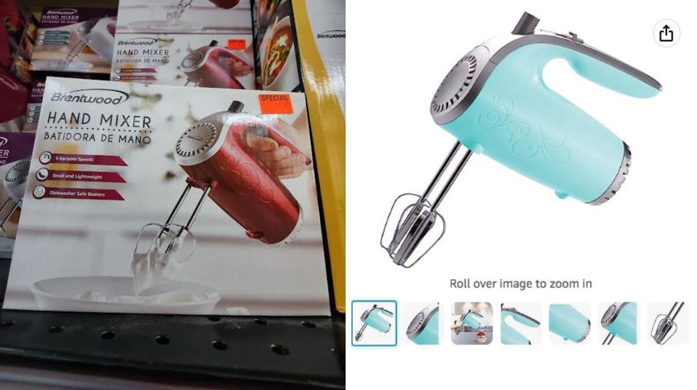 \u200bBrentwood Hand Mixer pictured at Price War. Right: Brentwood Hand Mixer on Amazon.