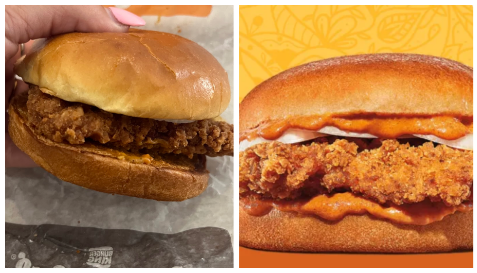 \u200bBurger au poulet au beurre de Burger King. Droite : Annonce du burger au poulet au beurre.