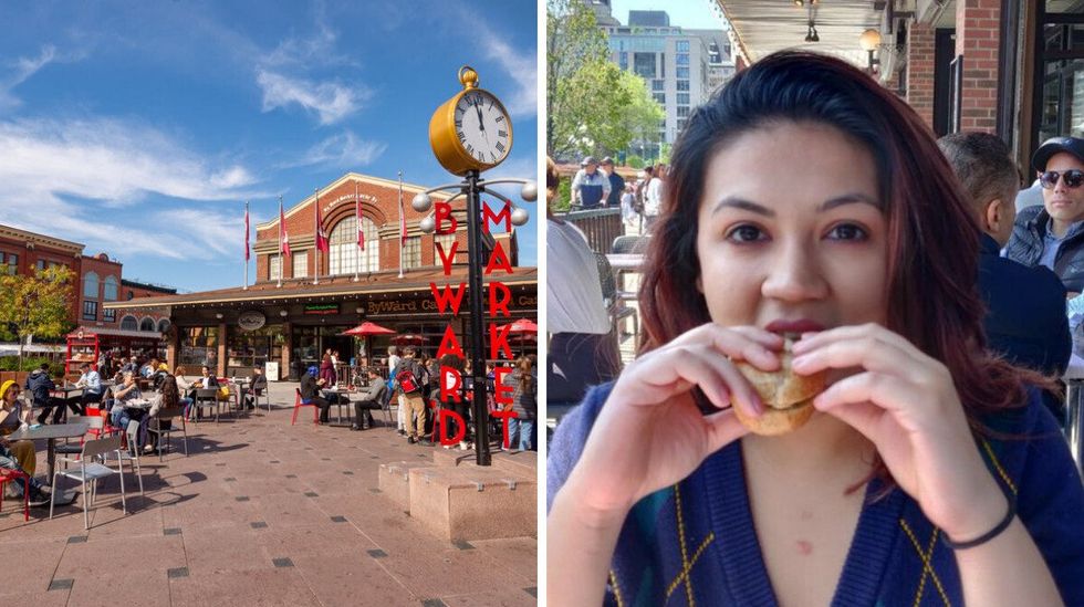 \u200bByward market. Right: Rhythm Sachdeva having a sandwich at Byward caf\u00e9.