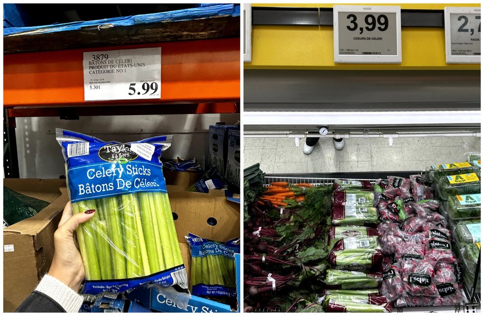 \u200bC\u00e9leri en vente au Costco. Droite : B\u00e2tons de c\u00e9leri en vente au Maxi.