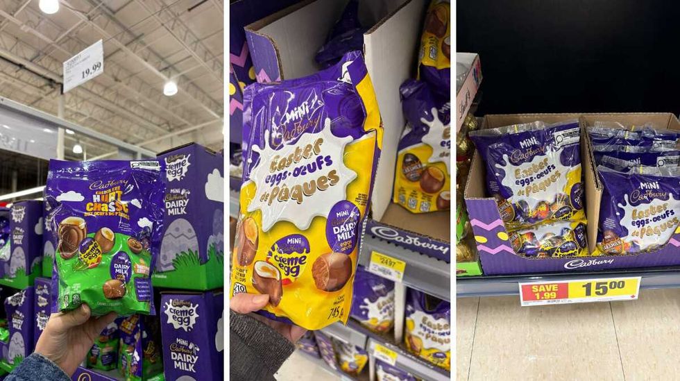 \u200bCadbury chocolate egg variety pack at Costco. Centre: \u200bCadbury chocolate egg variety pack at Walmart. Right: \u200bCadbury chocolate egg variety pack at Loblaws.