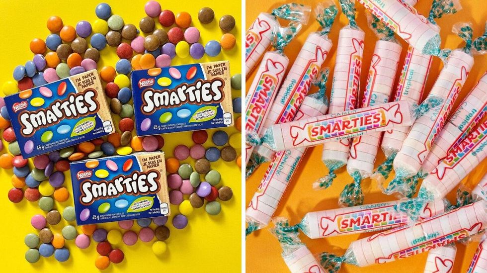 \u200bCanadian Smarties. Right: U.S. Smarties.