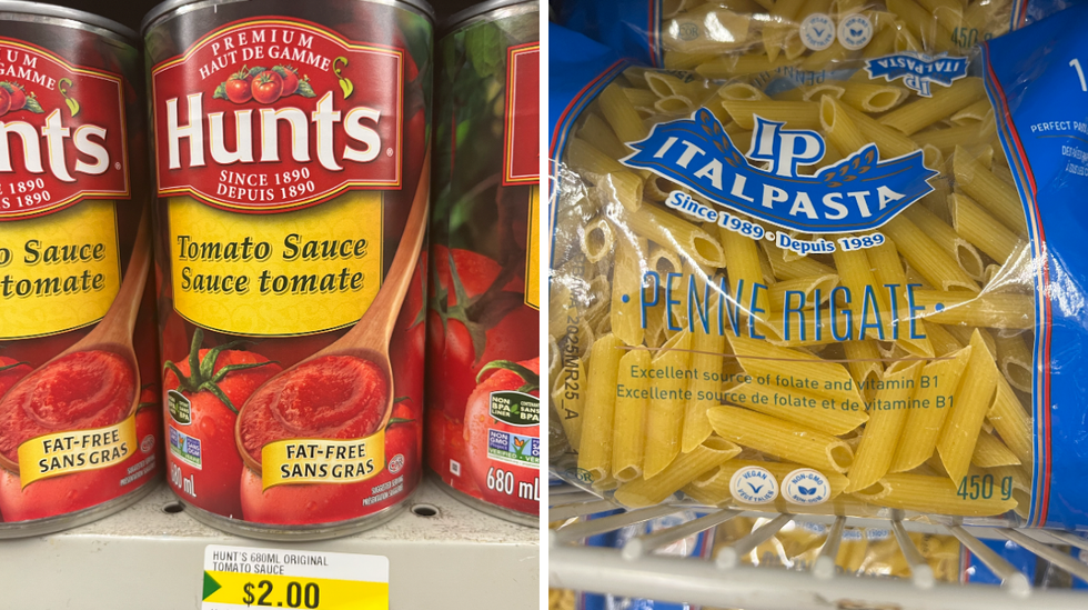 \u200bCanned tomato sauce. Right: A bag of dried penne pasta.