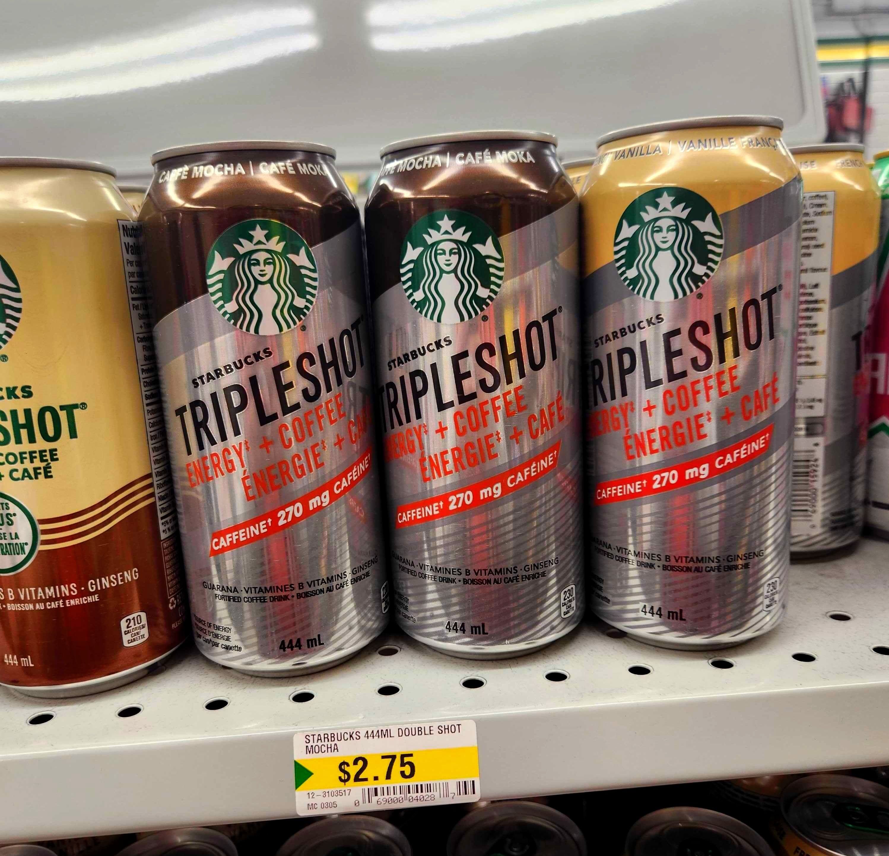 \u200bCans of Starbucks Mocha Triple Shot at Dollarama.
