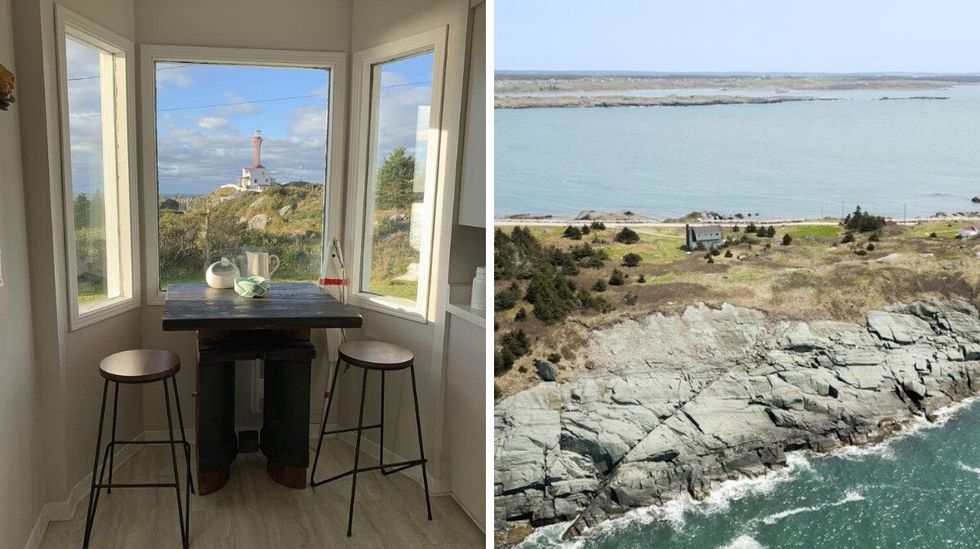 \u200bCape Forchu Lighthouse through a window in a home. Right: House for sale in Nova Scotia on the water.