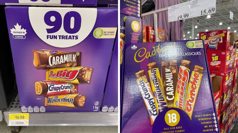 \u200bCaramilk, Mr. Big, Crispy Crunch and Wunderbar box at Walmart. Right: Caramilk, Mr. Big, Crispy Crunch and Wunderbar box at Costco.