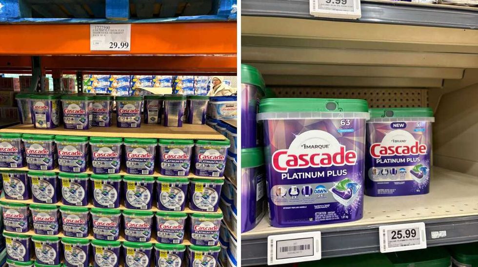 \u200bCascade Platinum Plus dishwasher pods at Costco. Right: Cascade Platinum Plus dishwasher pods at Loblaws.