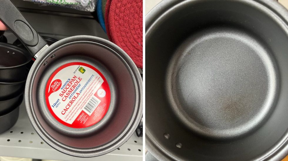 \u200bCasserole antiadh\u00e9sive du Dollarama. Droite : La casserole qui montre des signes d'usure au fond.