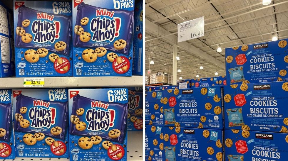 \u200bChips Ahoy mini chocolate chip cookies at Dollarama. Right: Kirkland Signature mini chocolate chip cookies at Costco.